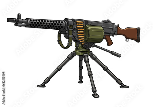 Powerful machine gun with ammunition belt on tripod, ready for action