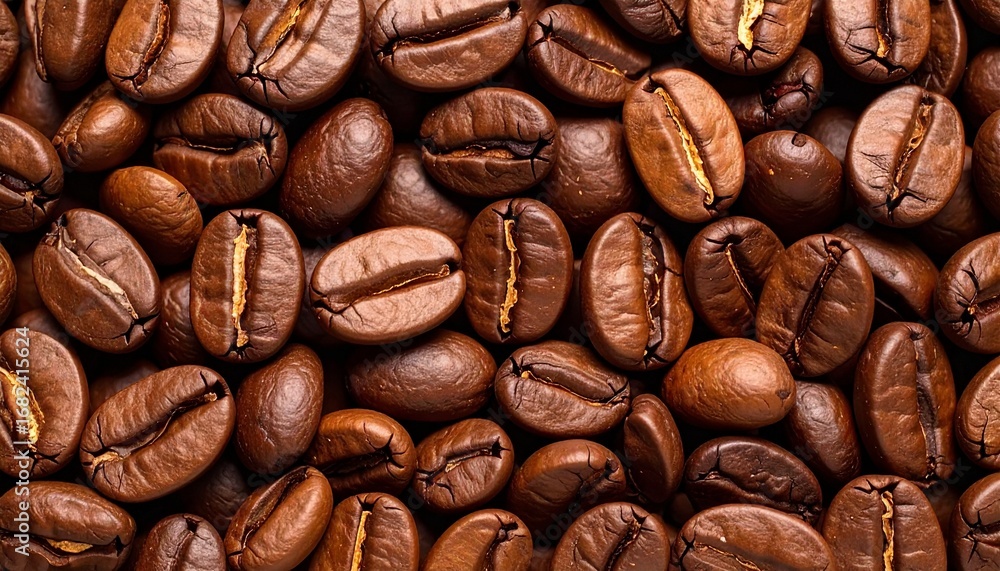 Fototapeta premium Close-up of roasted coffee beans showing their texture, color variations, and oval shapes, filling the frame.