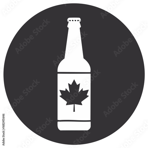 Canadian themed beer bottle with a maple leaf symbol inside a dark circle