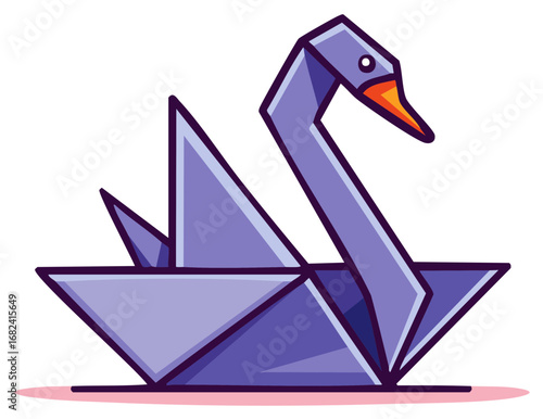 Purple origami swan paper craft illustration with simple geometric shapes