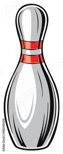 Graphic illustration of a single classic bowling pin with red stripes