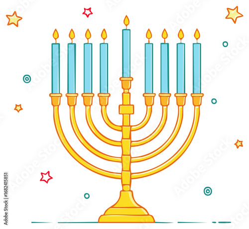 Vector illustration of a traditional golden Hanukkah menorah with lit candles and stars.
