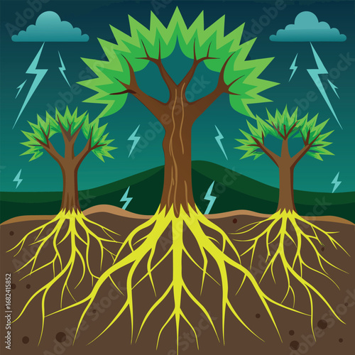 Tree trunk roots spreading lightning underground