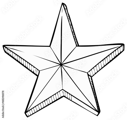 Hand drawn Five Point Star Illustration Black Outline with hatched pattern edges for depth and shadows