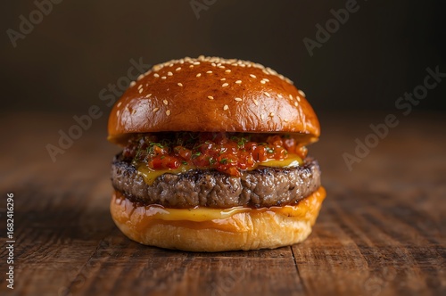 Juicy gourmet beef burger with sesame seed bun and spicy salsa served on a rustic wooden table with a dark background