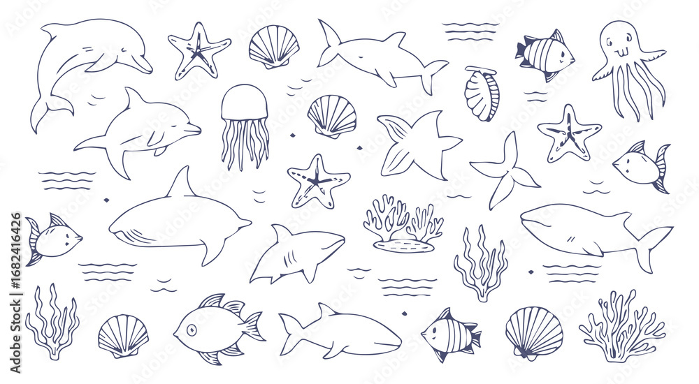 Fototapeta premium Underwater sea life doodle elements collection dolphin