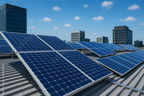 Expanded rooftop solar panel installation under a clear blue sky with modern city buildings in the background, representing clean renewable energy solutions