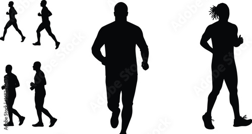 Silhouette of man jogging, fitness runner, sports athlete, outdoor exercise, healthy lifestyle, marathon training, black illustration, running activity