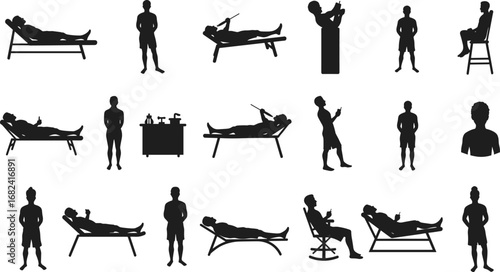 Silhouette of man relaxing, lying on chair, drinking, standing, sitting, resting, casual lifestyle, vacation, leisure, summer activity, relaxation