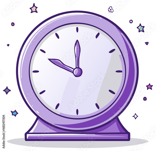 Whimsical purple alarm clock with sparkling stars and a classic analog dial indicating time