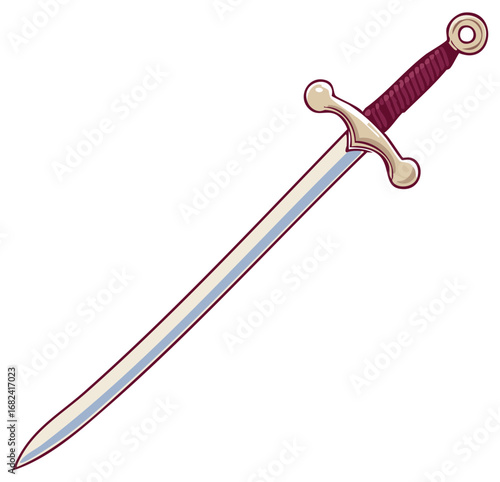 Illustration of a medieval single edged sword with a purple hilt and gold guard for war or ceremonial purposes