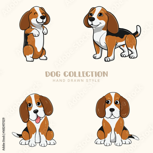 Cute Beagle dogs vector set Collection of hand drawn kawaii style in illustration