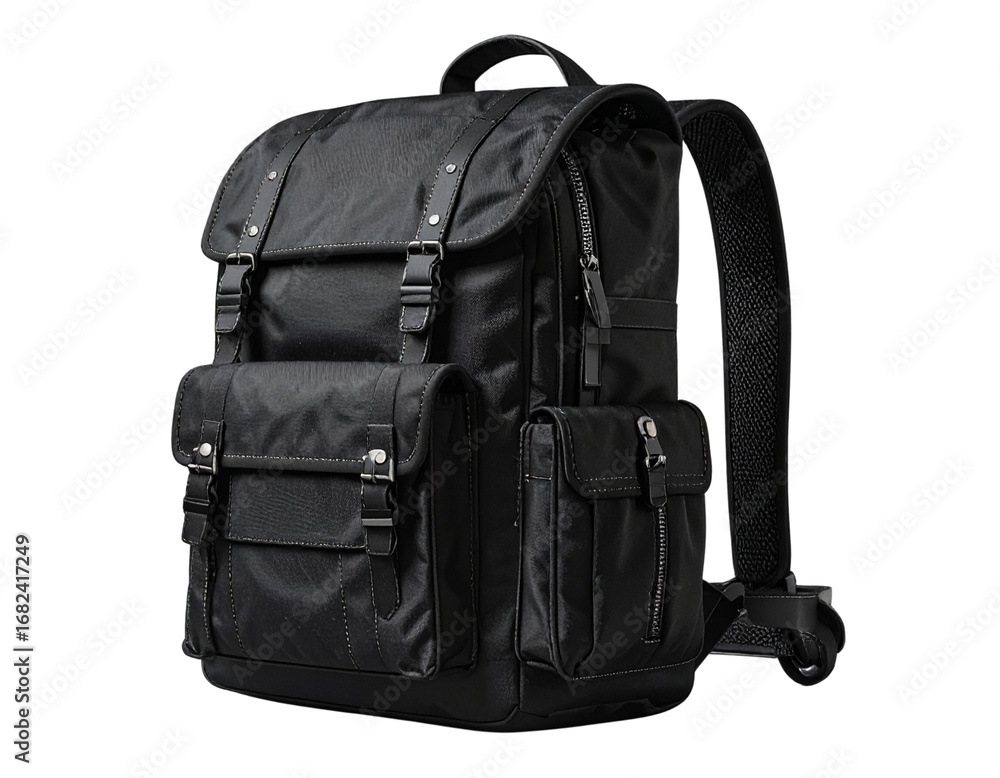 Naklejka premium Angled Side View of Stylish Black Backpack Highlighting Storage Compartments, Isolated on Transparent Background PNG