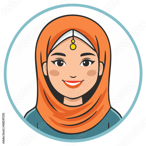 Smiling woman in traditional attire, wearing headscarf and ornament,  illustrated in a round frame.