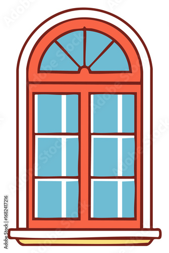 Illustrated Arched Window with Orange Frame Blue Glass and White Sill Design Element