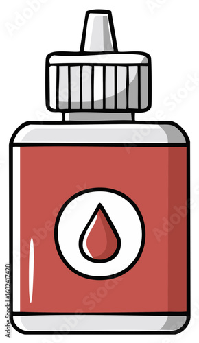 Red eyedrop bottle with a white cap and a droplet symbol