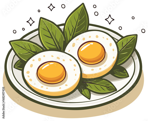 Illustration of Boiled Eggs on Plate with Leaves garnish for a cartoon breakfast menu item illustration