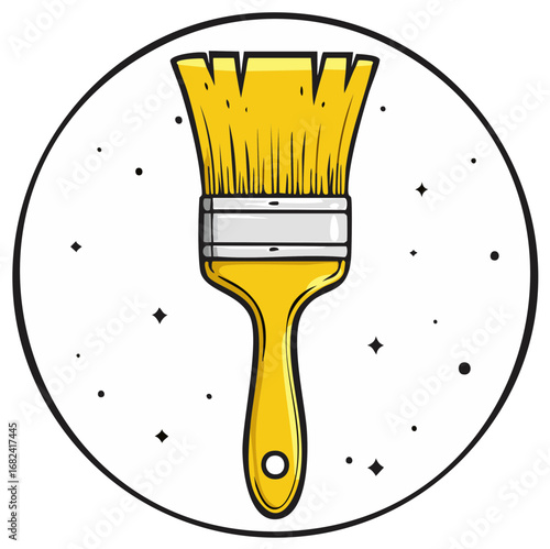 Bright yellow paintbrush with bristles and handle inside a circular frame with scattered stars and dots