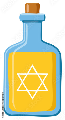 Blue glass bottle with Star of David symbol and yellow liquid, sealed with cork