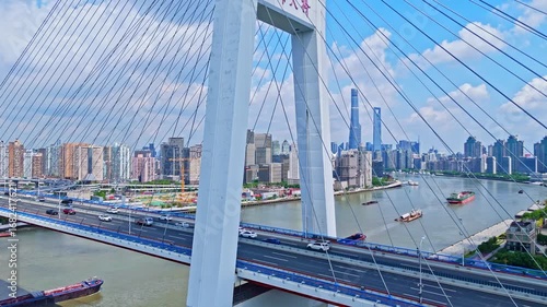 4K real time Aerial view of NanPu Bridge and Huangpu river in Shanghai.