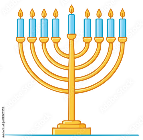 Bright gold menorah with nine lit blue candles celebrating Hanukkah festival of lights illustration