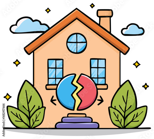 A cartoon house with a broken circle splitting in two representing divorce and property division