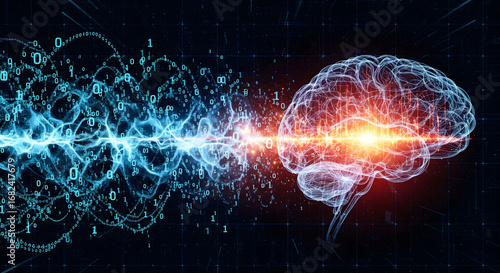 Mind of Innovation: A mesmerizing digital depiction unveils the intricate architecture of the human brain, interwoven with elements of advanced technology.