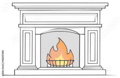 Cozy fireplace illustration with glowing flames, line drawing of a mantelpiece and fire.