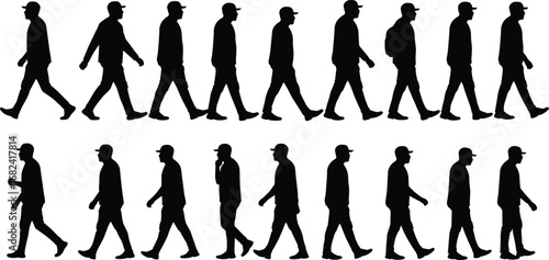 Silhouette of man walking, casual male figure, street style, urban lifestyle, cap fashion, black silhouette, side view, illustration