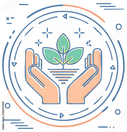 Caring human hands gently holding a small green plant seedling symbolizing growth and protection