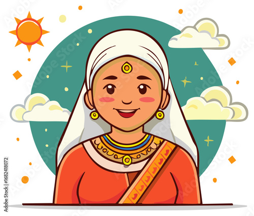 Cartoon illustration of a woman in traditional attire, smiling against a background of the sun and clouds.