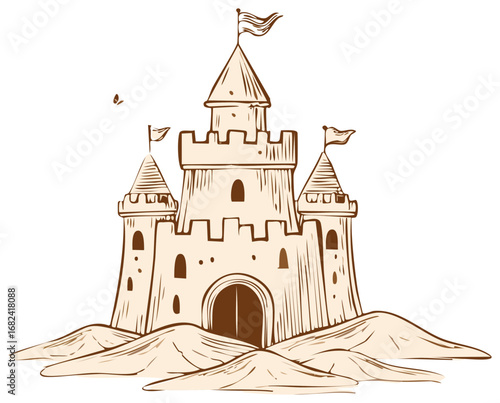 Cartoon Sandcastle Illustration with Flags, Towers, Archway, and Castle Walls