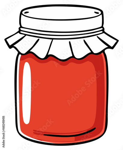 Homemade sweet red fruit preserves in a charming cartoon style glass jar with white lid and fabric cover