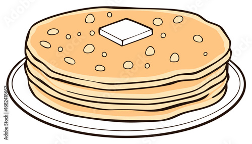 Delicious stack of golden pancakes topped with a melting butter pat served on a plate ready for breakfast