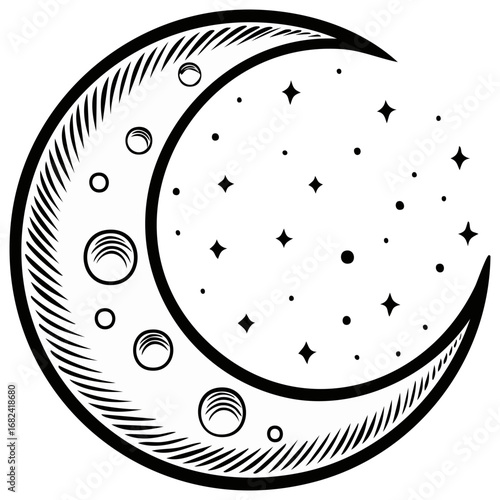 Stylized crescent moon with craters and stars celestial symbol black and white line art