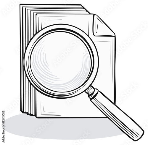 Sketch of Magnifying Glass Examining Stack of Papers Data Review Concept