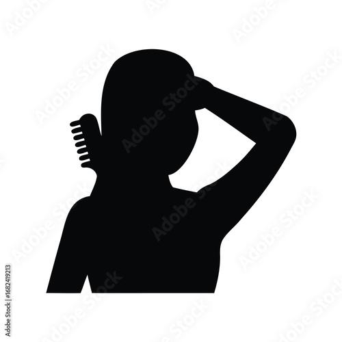 Silhouette of a person combing their hair with arm raised overhead
