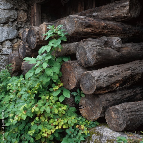 Wallpaper Mural Rustic log cabin wall with lush green vines growing over the weathered wood Torontodigital.ca
