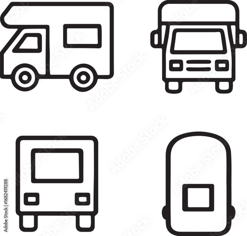 Motorhome Silhouette Line Art Icons Set Side, Front, Back, and Top Views Vector Illustration