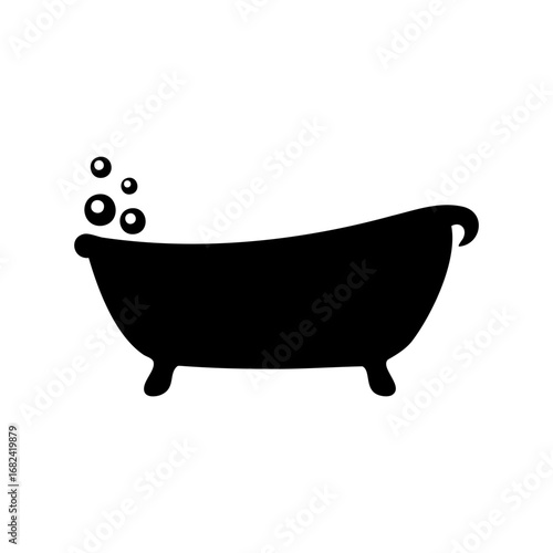 Elegant black silhouette of a clawfoot bathtub with water bubbles