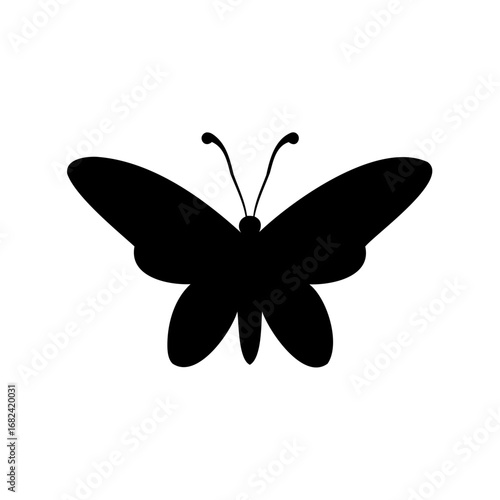 A simplistic black silhouette illustration of a butterfly with rounded wings