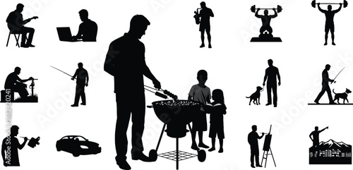 Silhouettes of men cooking barbecue, fishing, painting, weightlifting, dog walking, playing guitar, laptop work, photography, outdoor activities vector