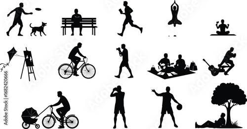 Silhouettes of men doing yoga, cycling, running, playing guitar, painting, picnic, dog walking, sports, photography, outdoor lifestyle vector