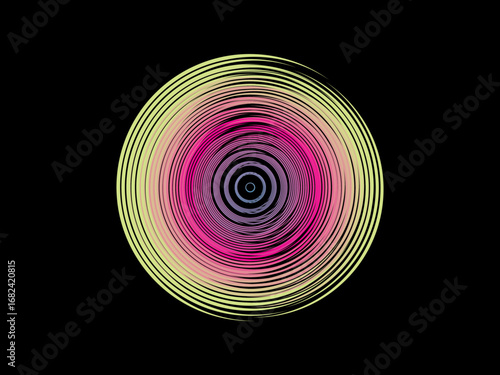 Vector background of rotating elliptical 3D shapes, consisting of a pattern of squares and wavy lines with colorful gradations.	