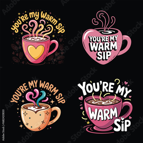 Warm beverage cups with text coffee hot drink