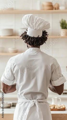 Person wearing a chef hat and white uniform in a kitchen with shelves and food items, focusing on culinary skill and imaginative preparation.