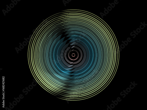 Vector background of rotating elliptical 3D shapes, consisting of a pattern of squares and wavy lines with colorful gradations.	