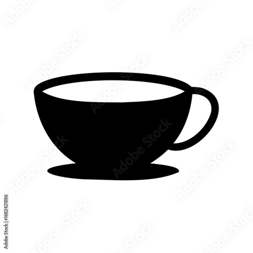 Black silhouette of a simple teacup filled with liquid on white background