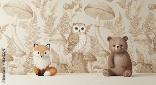 Fototapeta Naklejka Na Ścianę i Meble -  Watercolor Forest Animals: Fox Owl Bear and Mushrooms.