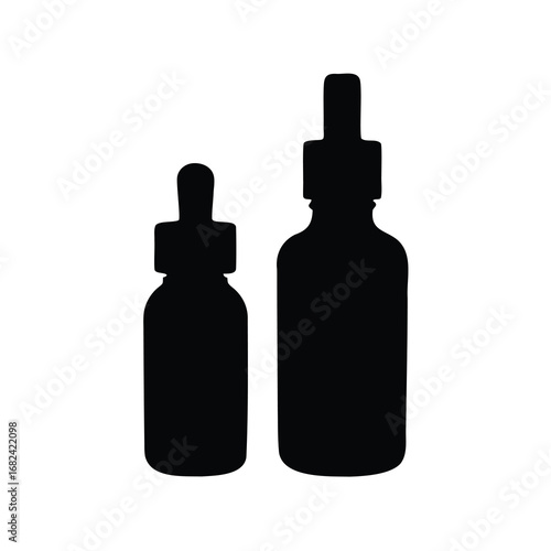 Black and white silhouette of two essential oil dropper bottles on white
